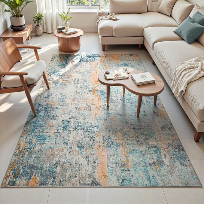 Area Rug 4x6 Blue Rug Washable Boho Rugs Non Slip Low Pile Abstract Small Carpet - Image 2