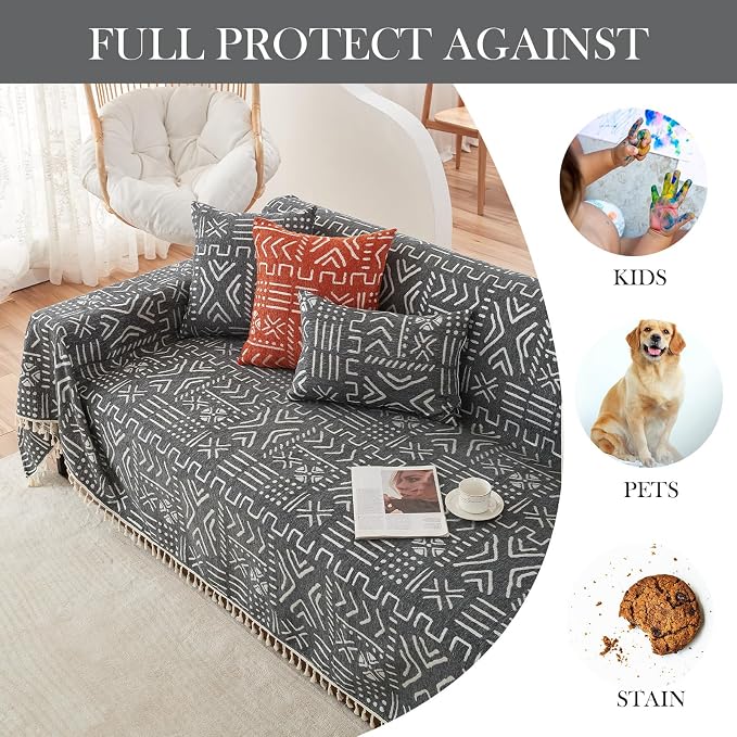 HANDONTIME Black White Boho Sofa Cover Geometric Farmhouse Tassel Couch Covers - Image 5
