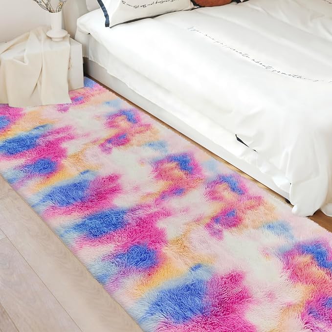 Fluffy Colorful Rug for Bedroom 3x10 ft Kawaii Tie-Dyed Area Rug Non Slip Cute - Image 5
