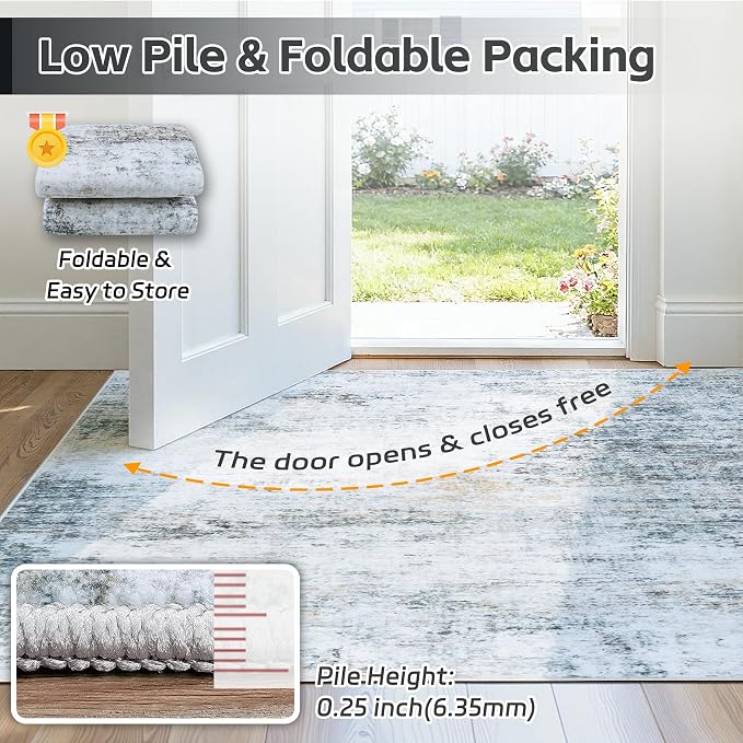 9x12 Washable Area Rug for Living Room Bedroom: Non-Slip Modern Blue Grey | - Image 7