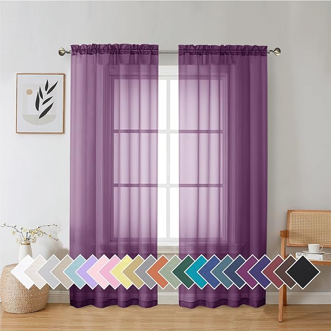 Aiyufeng Plum Purple Sheer Curtains 72 Inches Long 2 Panels Set, Solid Voile by Aiyufeng