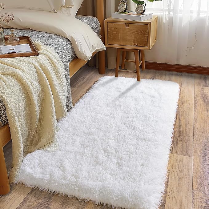 Soft Runner Rugs for Bedroom Hallways, 2x4 White Fluffy Shag Throw Area Rug Non by Ailyei