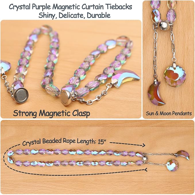 PEDOBO Magnetic Curtain Tiebacks, 2 Pack Crystal Beaded Sun & Moon Pendants - Image 3