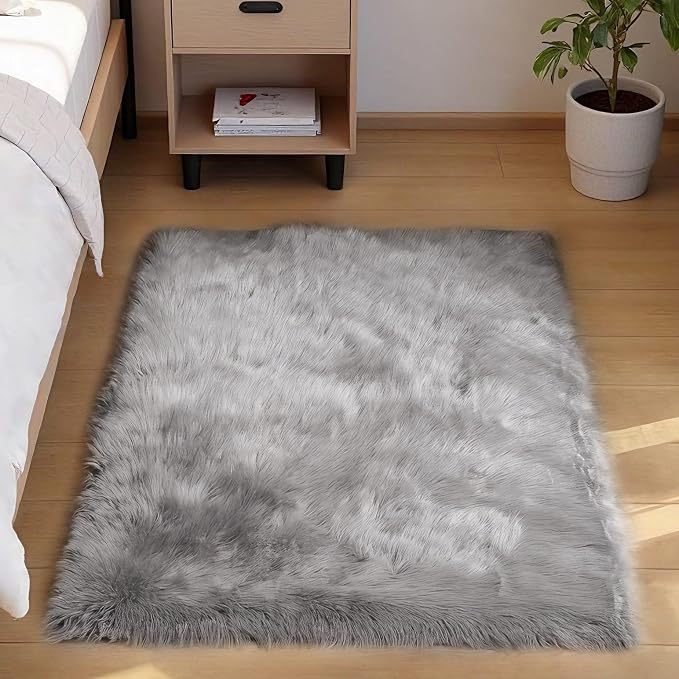 Goolela Grey Fluffy Fuzzy Rug for Bedroom Dorm 3x5 Gray Furry Faux Fur Shaggy by Goolela