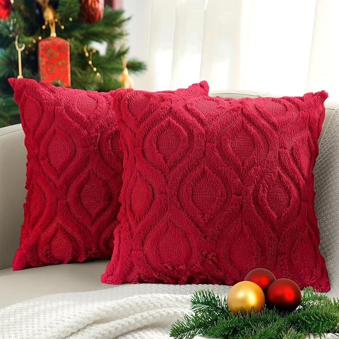 decorUhome Throw Pillow Covers 24x24 Inch Set of 2, Soft Plush Faux Wool Red by decorUhome