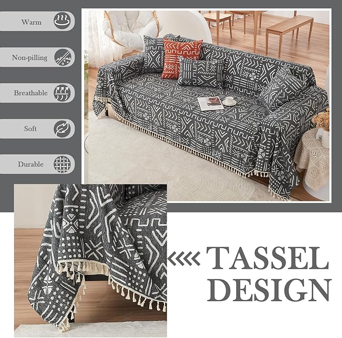 HANDONTIME Black White Boho Sofa Cover Boho Geometric Couch Covers Tassel - Image 4