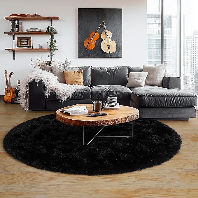 5'x5' Black Round Rug for Bedroom, Ultra Soft Fluffy Circle Rug for Kids Girls - Image 6