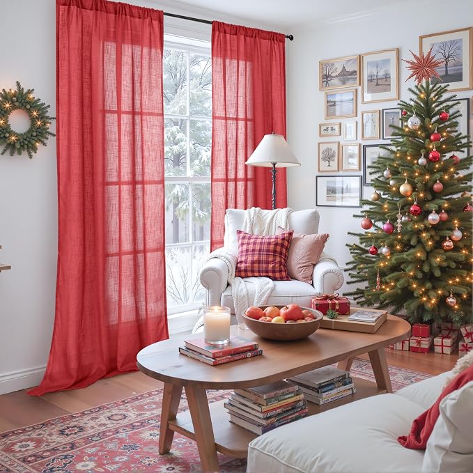 BGment Red Linen Curtains 84 Inch Length 2 Panels Set - Image 2