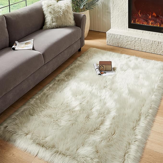 AMTOVO Faux Fur Sheepskin Rug for Living Room, 4 x 6 ft Light Grey Fluffy Area by AMTOVO