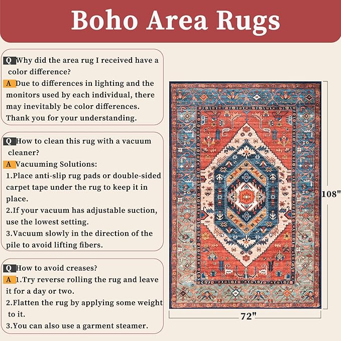 SERISSA Washable Rugs 6x9 Area Rugs, Large Non-Slip Boho Living Room Rust Rug - Image 2