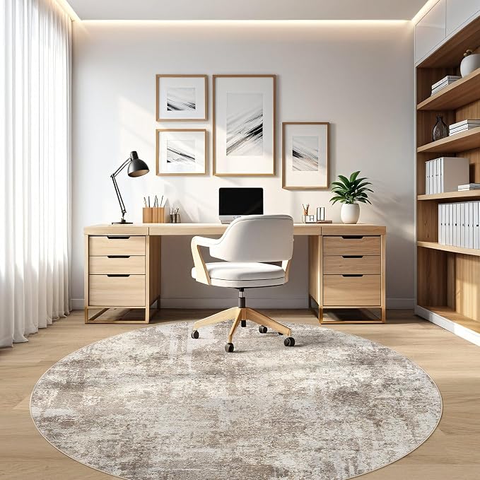 LOONGRUG Round Rug 6x6 Washable Neutral Modern Circle Area Rug Brown Beige | - Image 7