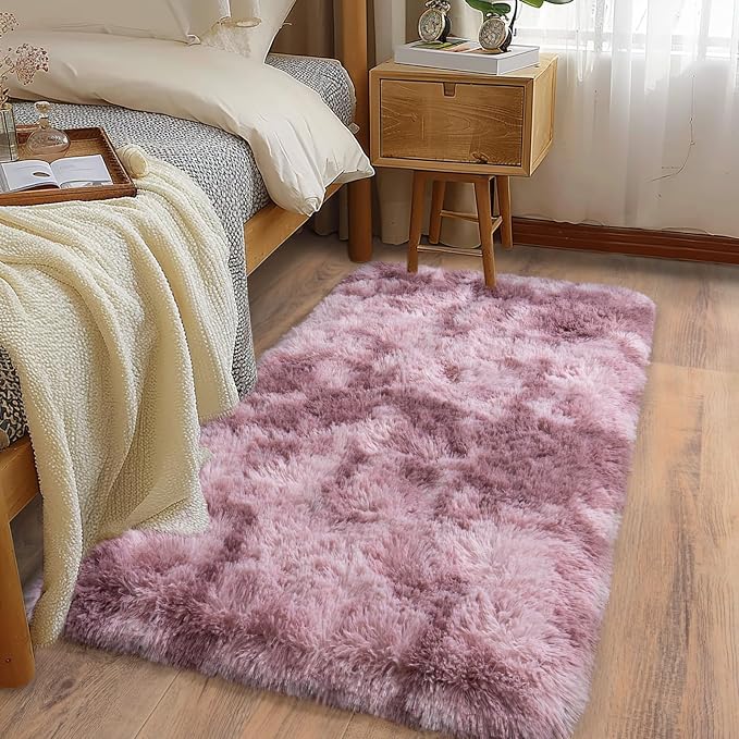 Soft Runner Rugs for Bedroom Hallways, 2x4 Tie-Dyed Grey Purple Fluffy Shag - Image 2