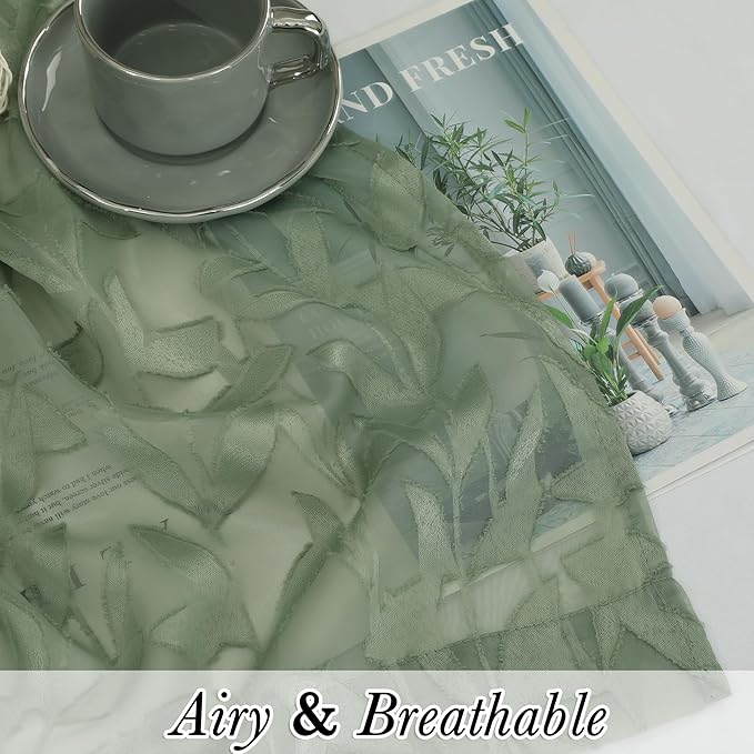 Lecloud Leia Sage Green Sheer Kitchen Curtains 18 Inch Length 2 Pcs, Jacquard - Image 2