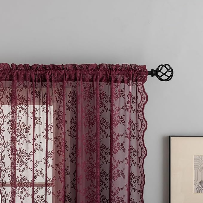 YJ YANJUN Vintage Lace Curtains 90 Inches Long-Victorian Floral Red Burgundy - Image 2
