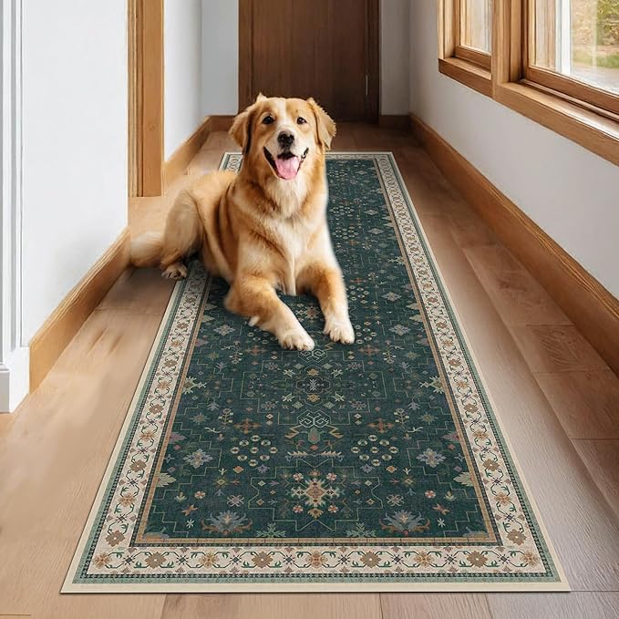 Dark Green Washable Kitchen Runner Rug, Stain Resistant Rugs - Image 3