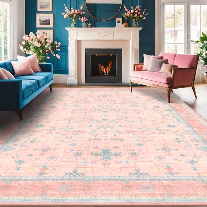 Washable Pink and Blue 9x12 Oushak Rugs - Image 6
