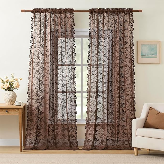 YJ YANJUN Vintage Lace Curtains 84 Inches Long-Victorian Floral Boho Brown by YJYANJUN
