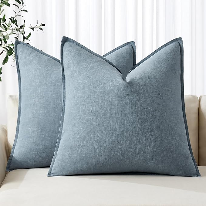 MIULEE Decorative Linen Pillow Covers 18x18 Inch Blue Grey ​Boho Farmhouse​ by MIULEE