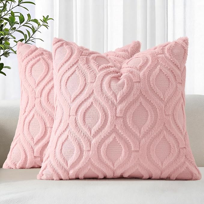 decorUhome Throw Pillow Covers 26x26 Inch Set of 2, Soft Plush Faux Wool Pink by decorUhome