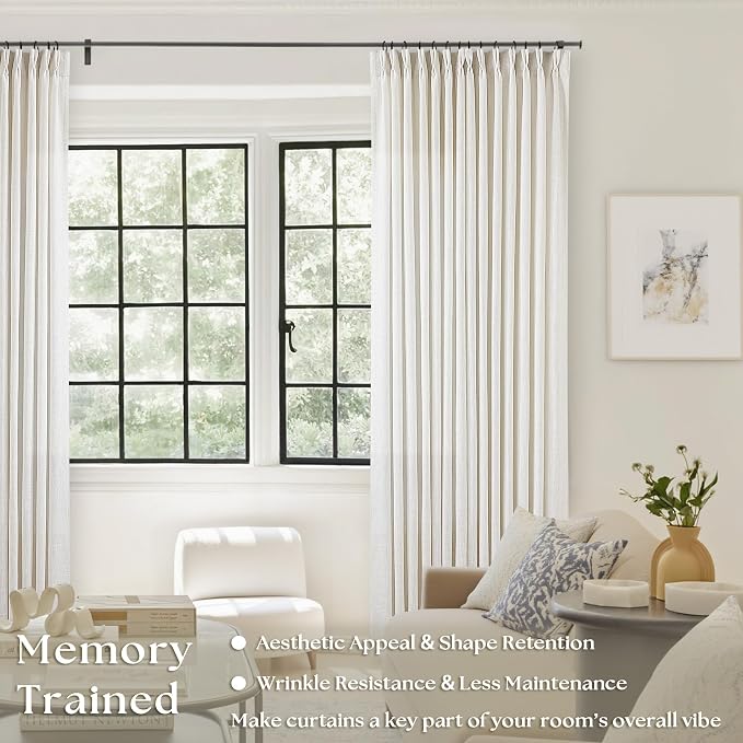 Neutral Pinch Pleated 86 Inch Curtains Semi Sheer Linen Blended, Natural | - Image 2