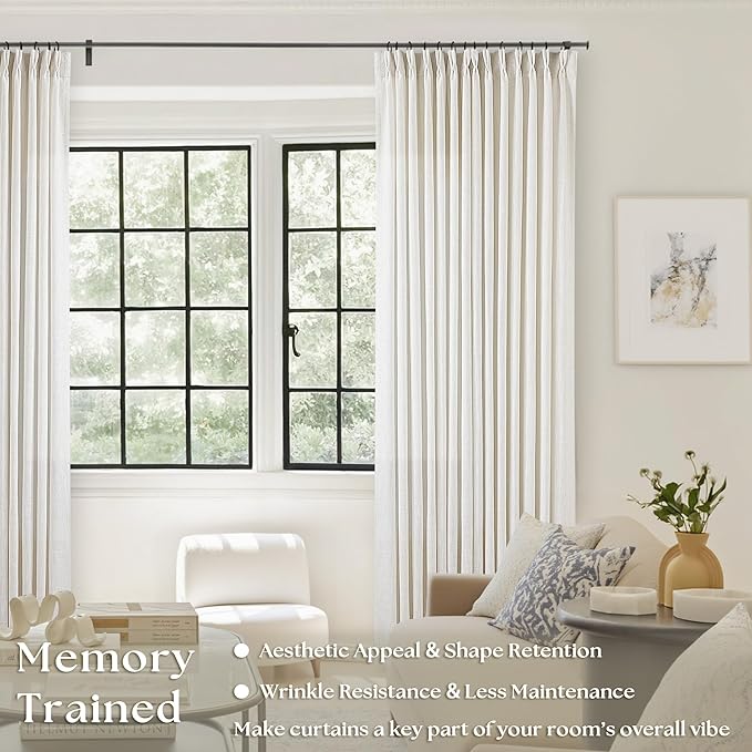 Cream Ivory Linen Curtains 80 Inches Long 2 Panels Pinch Pleated Natural | - Image 2