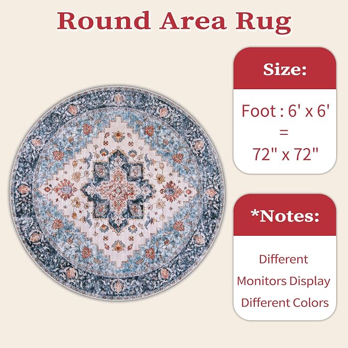 SERISSA Boho Round Area Rug, 6ft Washable Non-Slip Circle Rug, Ultra Soft - Image 6