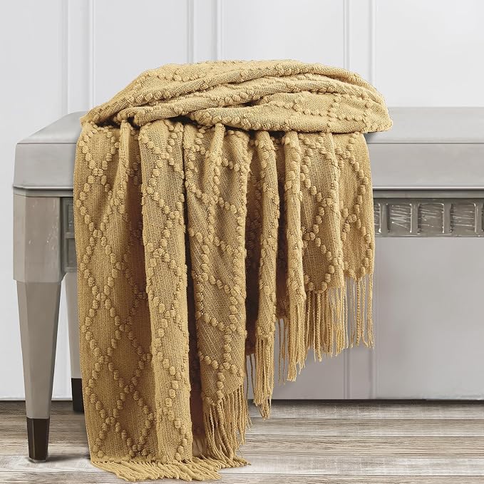 BOURINA Mustard Throw Blanket 50 x70 Inches Jacquard Argyle Throw Textured - Image 5