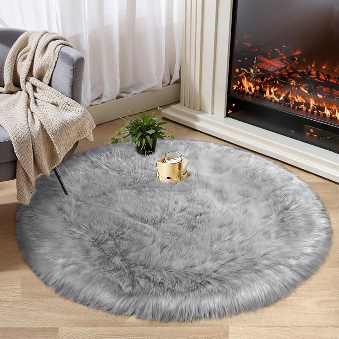 Ciicool Grey Fluffy Round Fur Area Rug by CIICOOLHomeDeco