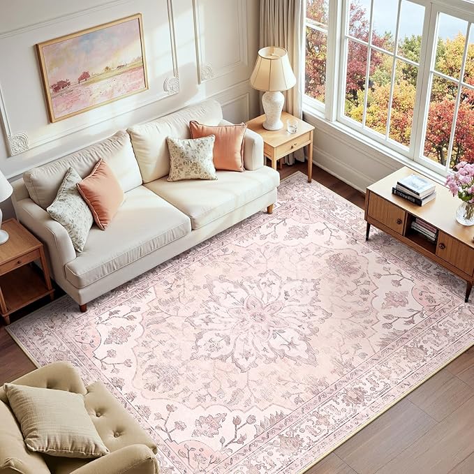 Area Rugs 6'x9' Washable Non-Slip, Floral Vintage Distress Print Pattern by RELEANY