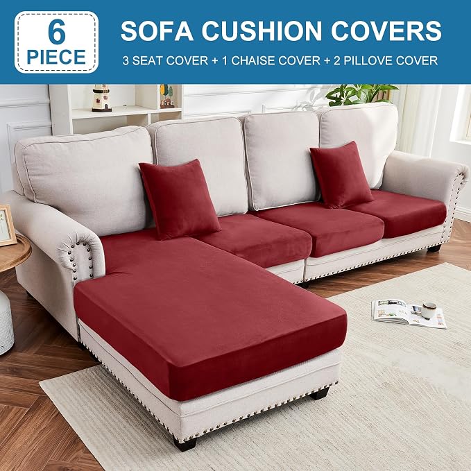 Couch Cover 4-Piece Elastic Velvet Couch Cushion Covers & Chaise Slipcovers - Image 3