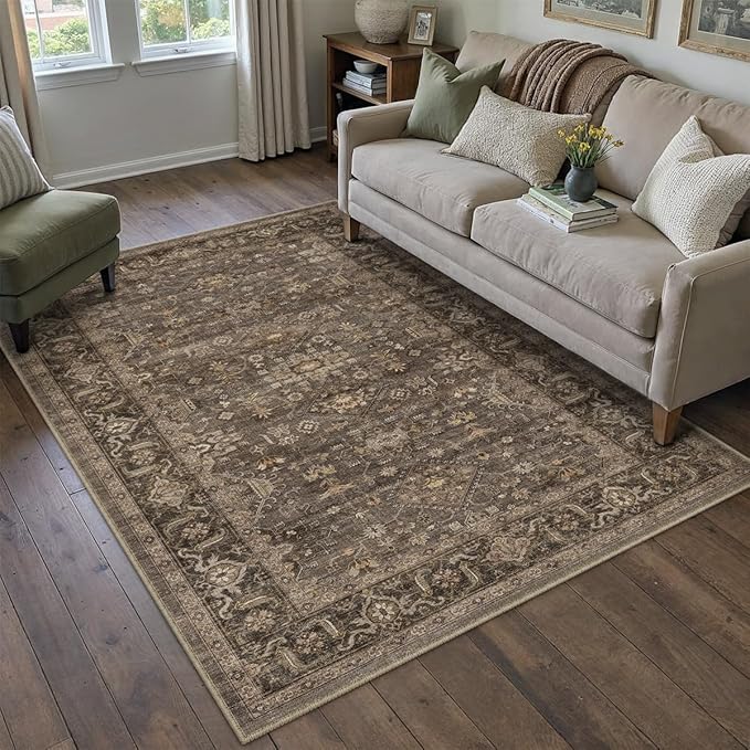 3x5 Washable Area Rug for Entryway Vintage Brown Non Slip Low Pile Carpet - Image 3