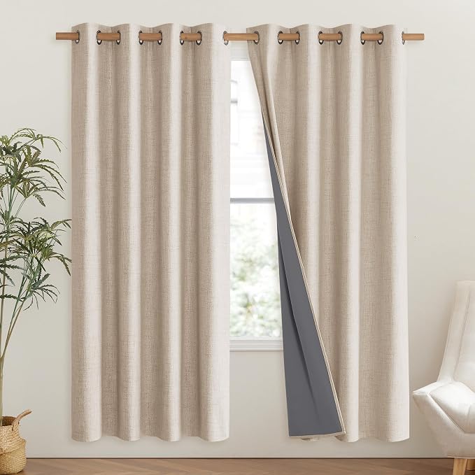 NICETOWN Cream Bedroom Full Blackout Linen Curtain Panels Set of 2, Thick - Image 2