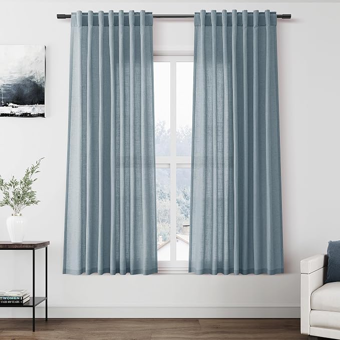 Light Blue Linen Curtains 63 Inches Long 2 Panel Sets by Nanspring