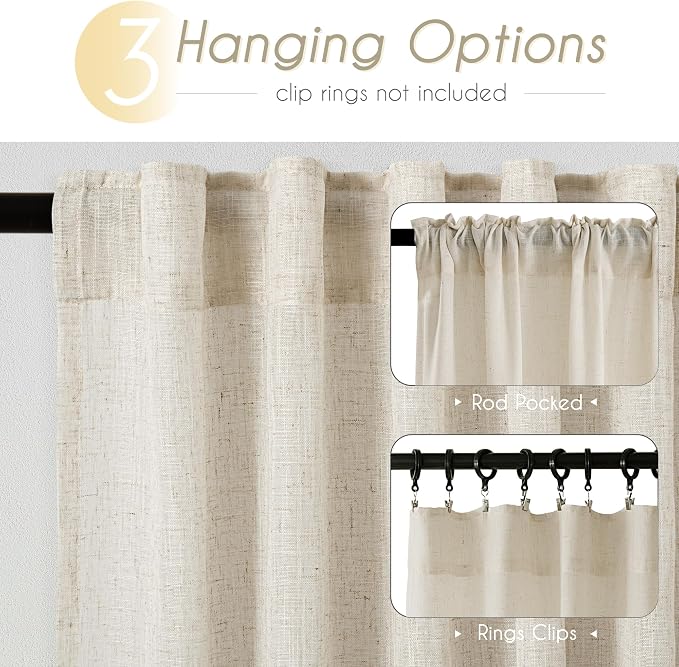 Faux Linen Beige Curtains 72 inches Long - Image 2