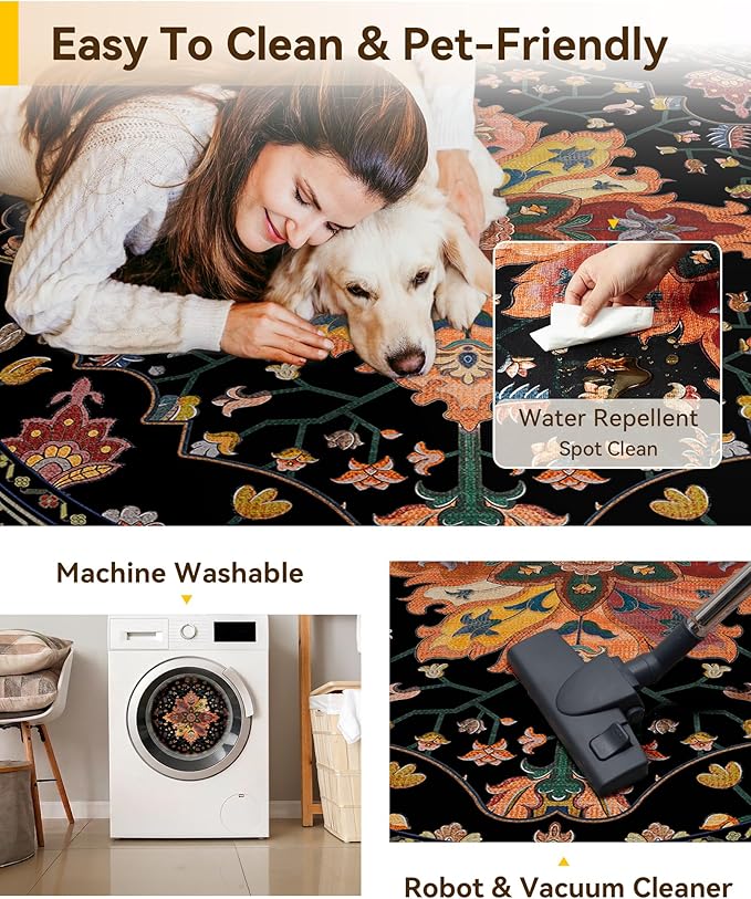 Area Rugs 7ft Washable Non-Slip, Floral Vintage Distress Print Pattern - Image 5