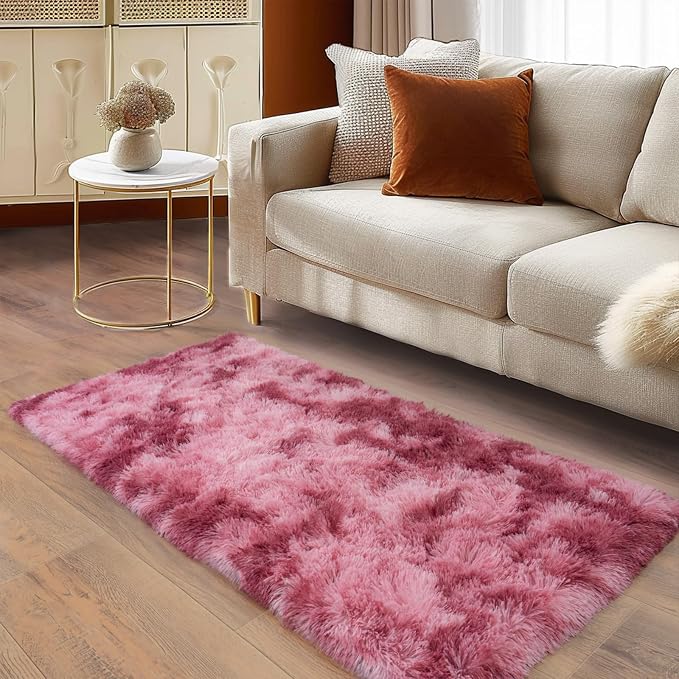Soft Runner Rugs for Bedroom Hallways, 2x4 Tie-Dyed Blush Pink Fluffy Shag - Image 4