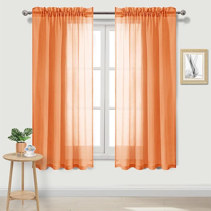 DWCN Sheer Orange Curtains 63 inch Length 2 Panels Set, Rod Pocket Solid Color by DWCN