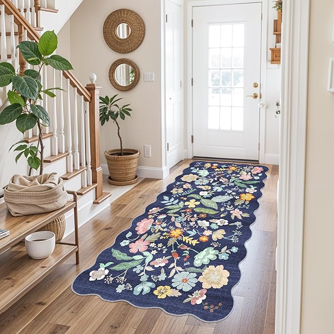 Washable 3x6 Hallway Runner Rug: Low-Pile Floral Scalloped Entryway Runners - Image 3