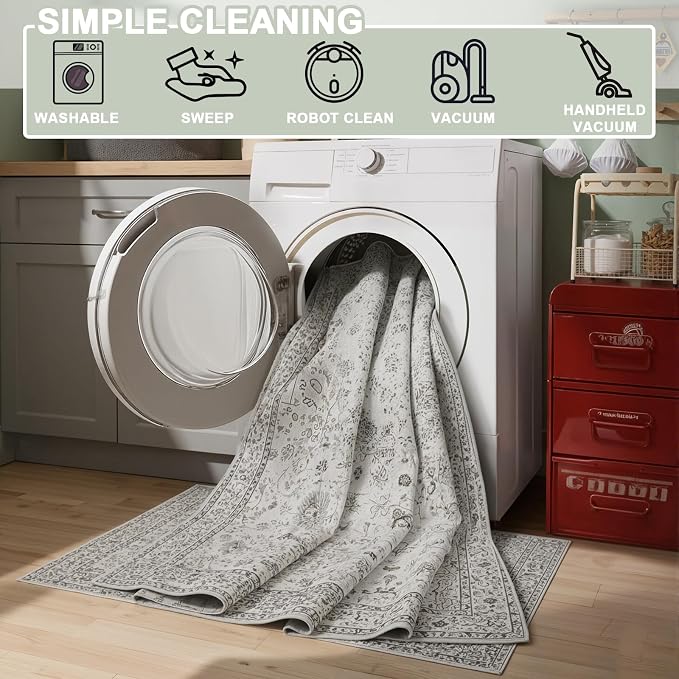 Grey Floral Rug for Entryway, 2x3 Washable Kitchen Mat Ultra-Thin Soft - Image 3