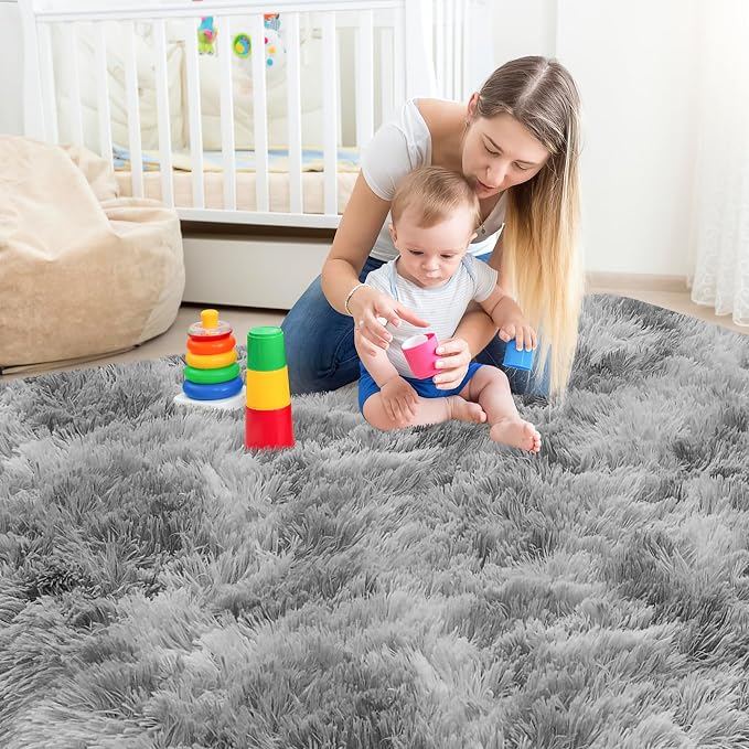 Tie Dye Grey Rug for Living Room 5x8ft Fluffy Modern Shag Area Rug Mat Bedside - Image 2