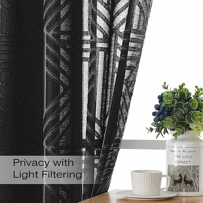 Simplebrand Black Semi Sheer Curtains 54 Inch Length 2 Panels, Geometric - Image 2