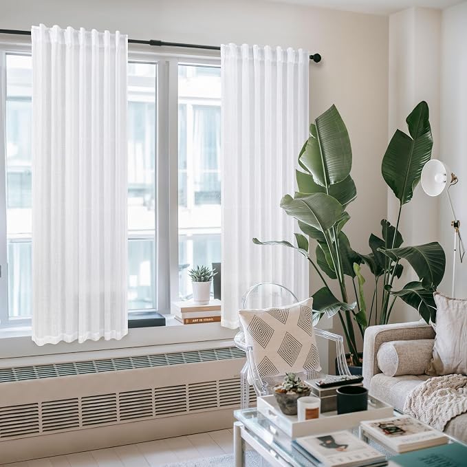 Pitalk White Linen Sheer Curtains 68 Inch Length 2 Panels - Image 2