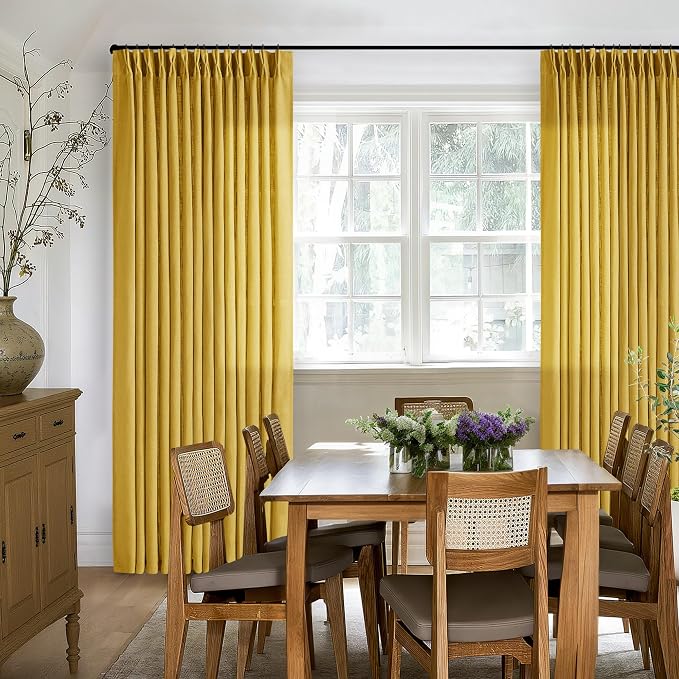 Mustard Yellow Pleated Semi Sheer Linen Curtains 96 Inches Long 2 Panel Set | - Image 8
