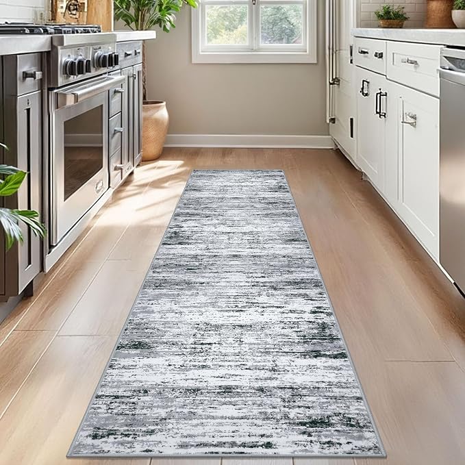 Lansny Modern Abstract Bedroom Runner Rug 2x7, Non-Slip Soft Thin Faux Wool Mat - Image 2