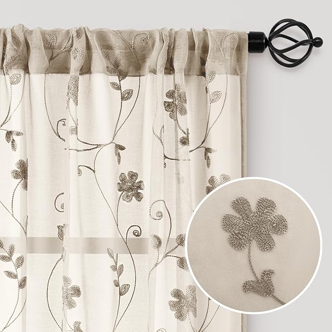 HOMEIDEAS Taupe Sheer Curtains 63 Inches Length 2 Panels Beige Embroidered - Image 4