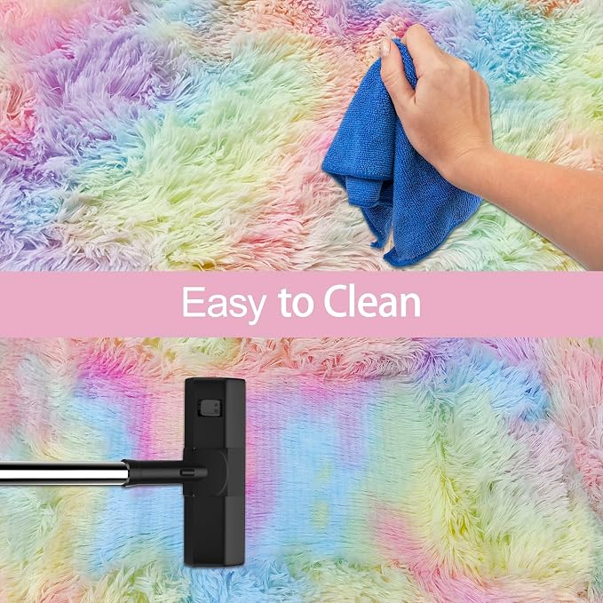 Fluffy Rainbow Rug for Girls Bedroom 2x8 Feet Kawaii Tie Dye Area Rug Colorful - Image 7