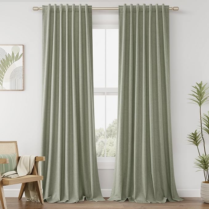 Sage Green 100% Blackout Linen Curtains 90 Inch Length 2 Panels Set by Guken