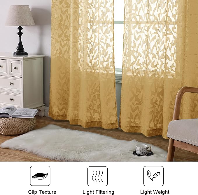 Lecloud Leia Dark Gold Sheer Curtains 84 Inches Long 2 Panels, Jacquard - Image 3