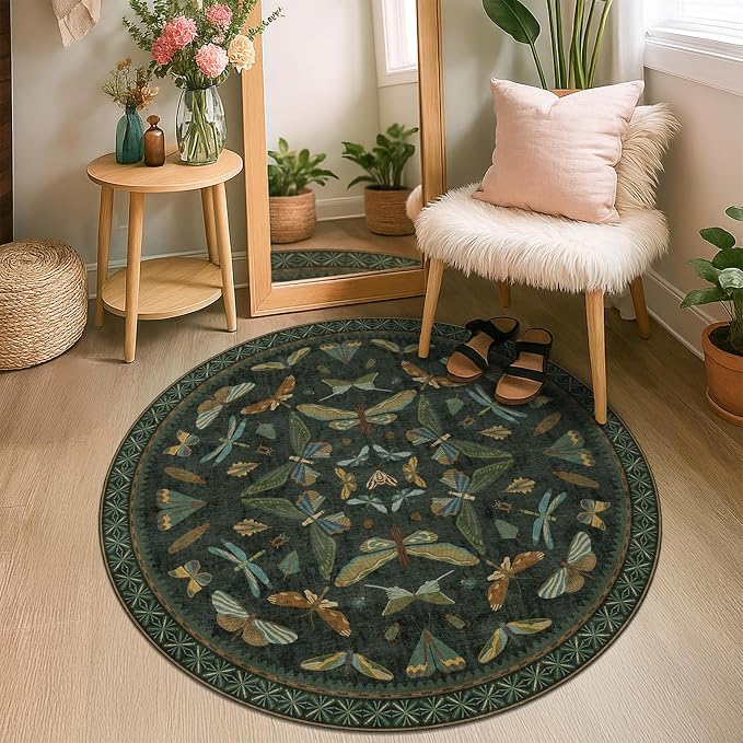Vintage Dark Green 4ft Round Small Rug - Image 3