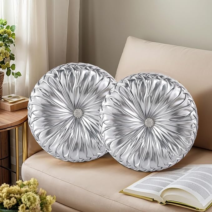 HIG Set of 2 Handcrafted Silver Ruched Round Throw Pillows – 14.5’’ Metallic by HIG
